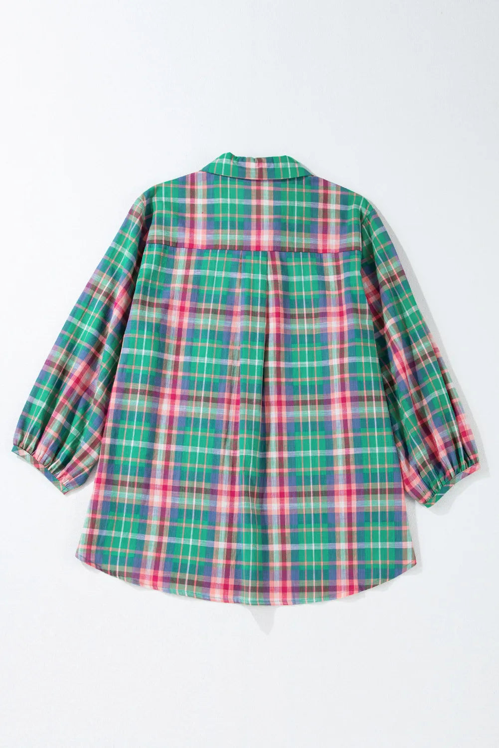 Plaid Collared Neck Three-Quarter Sleeve Blouse